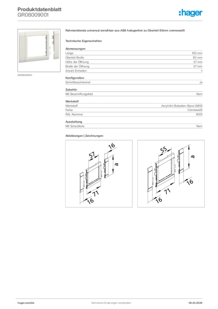 Bild Hager Produktdatenblatt GR08009001 | Hager Deutschland