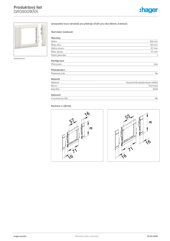 Obrázek Hager Product data sheet GR08009001 | Hager