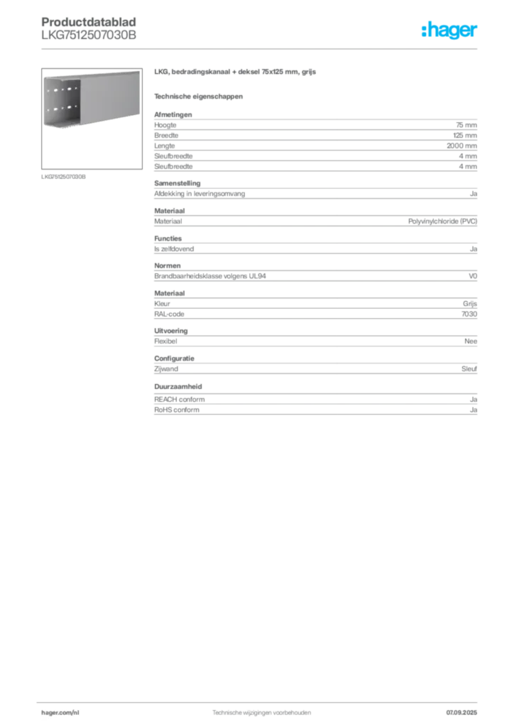Afbeelding Hager Productdatablad LKG7512507030B | Hager Nederland