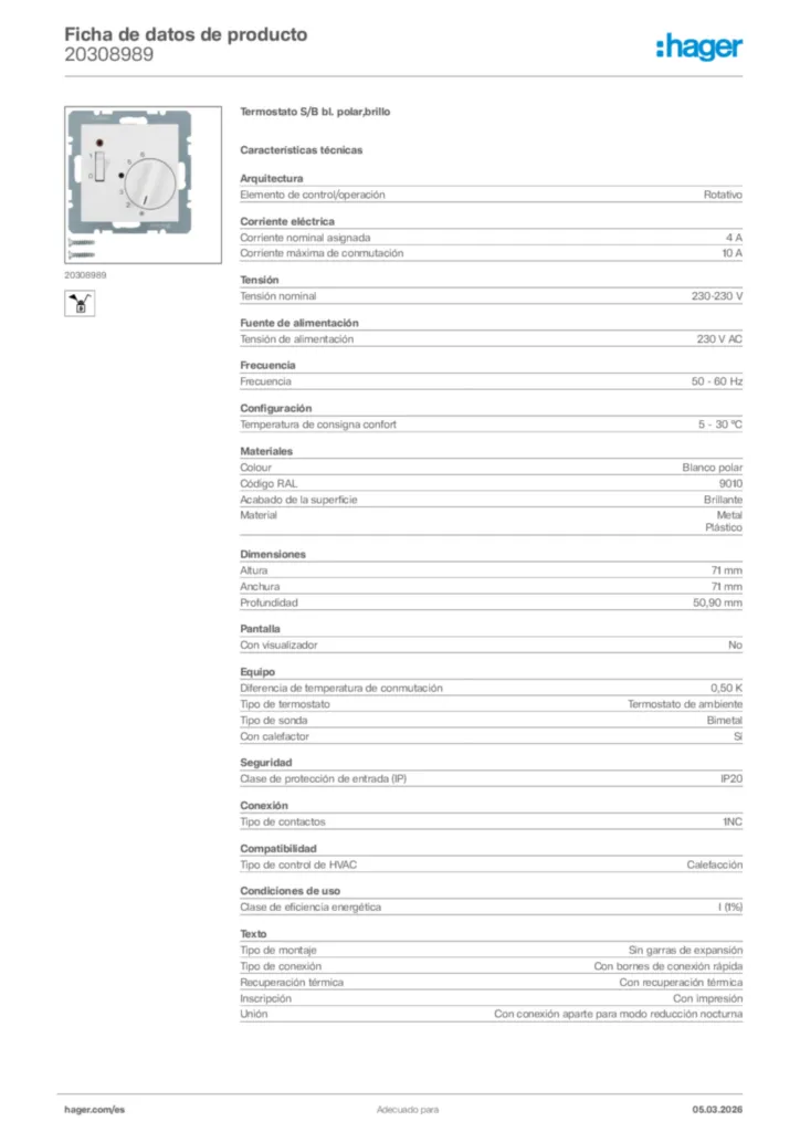 Imagen Hager Ficha de datos de producto 20308989 | Hager España