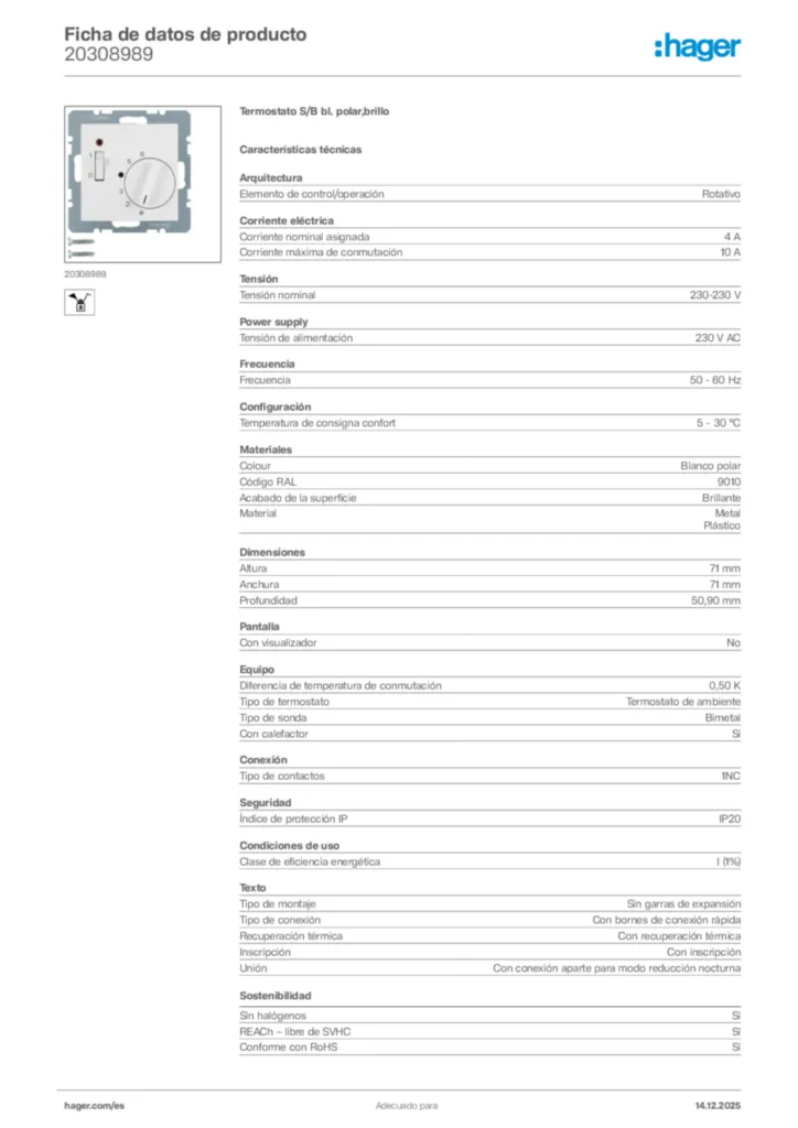 Imagen Hager Ficha de datos de producto 20308989 | Hager España