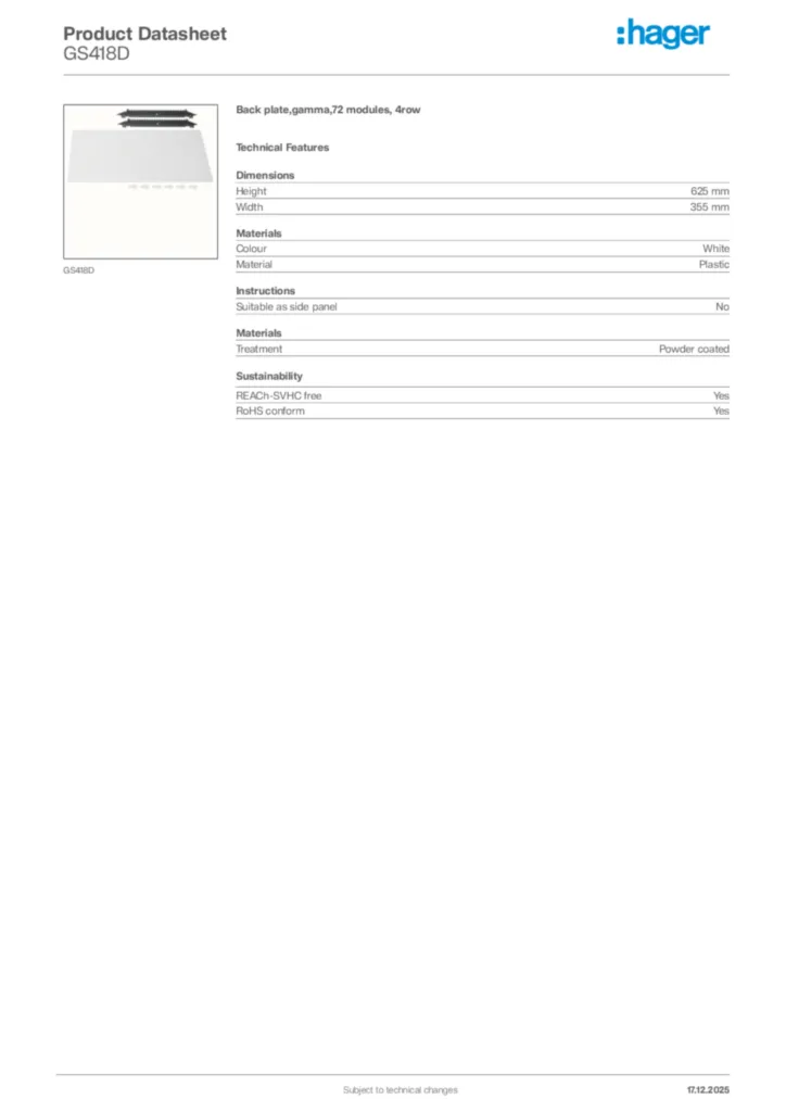 Image Hager Product data sheet GS418D  | Hager Africa
