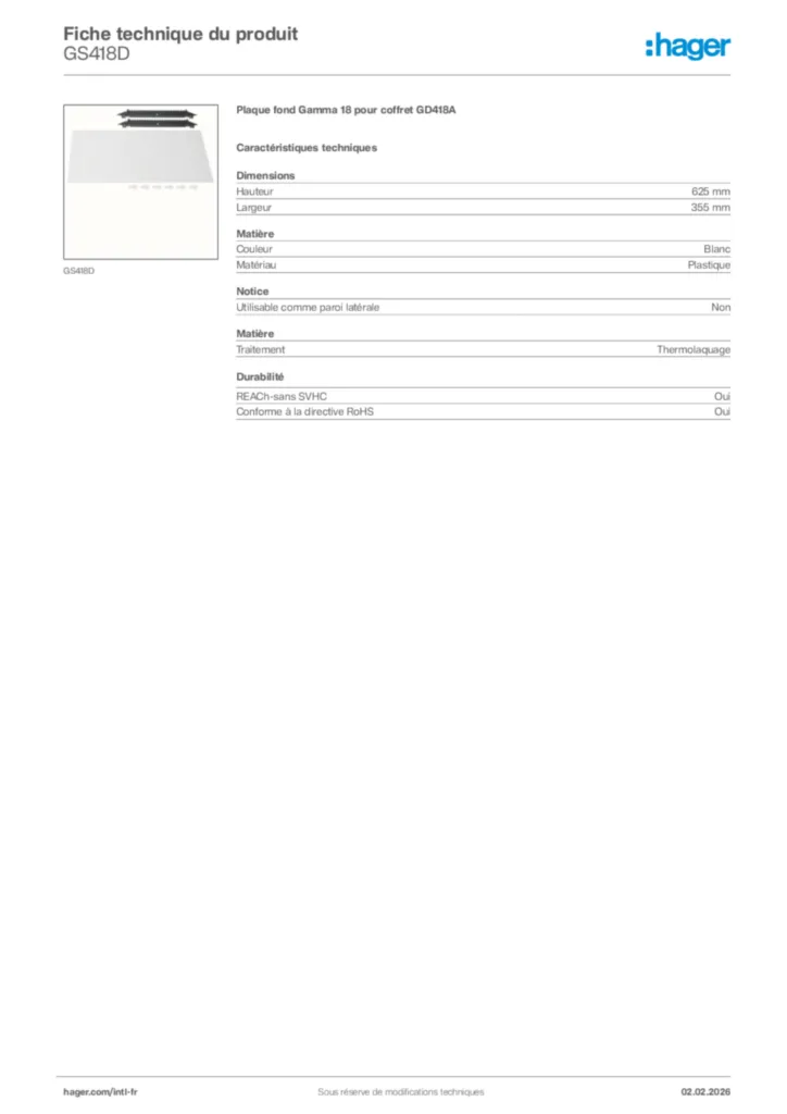 Image Hager Fiche technique du produit GS418D | Hager Afrique