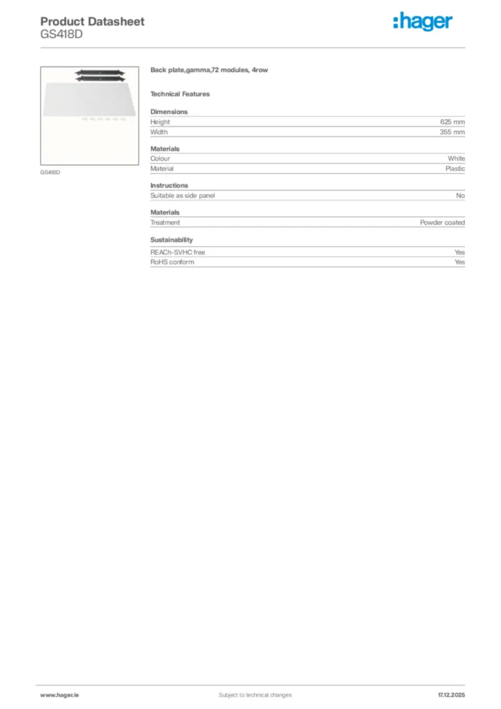 Image Hager Product data sheet GS418D  | Hager