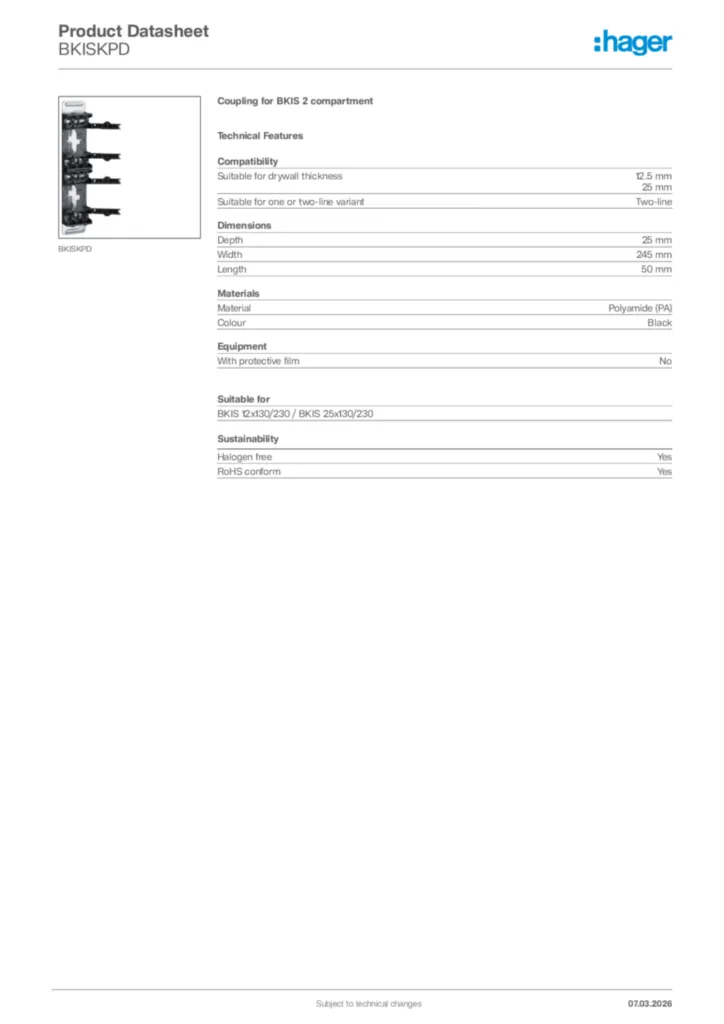 Image Hager Product data sheet BKISKPD  | Hager Africa