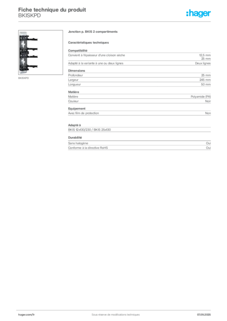 Image Hager Fiche technique du produit BKISKPD | Hager France