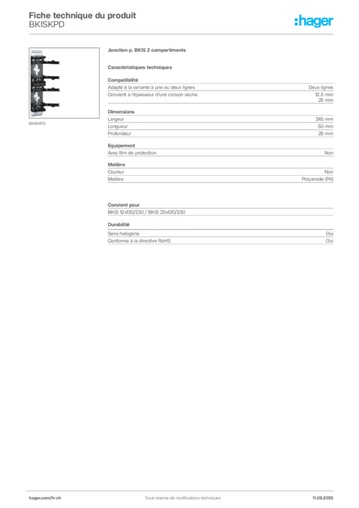 Image Hager Fiche technique du produit BKISKPD | Hager Suisse