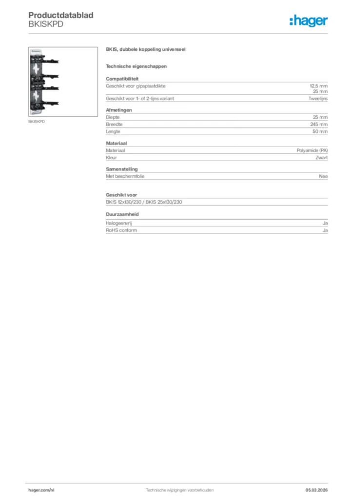 Afbeelding Hager Productdatablad BKISKPD | Hager Nederland