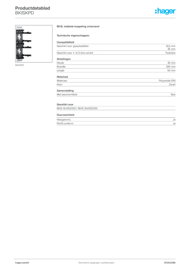 Afbeelding Hager Productdatablad BKISKPD | Hager Nederland