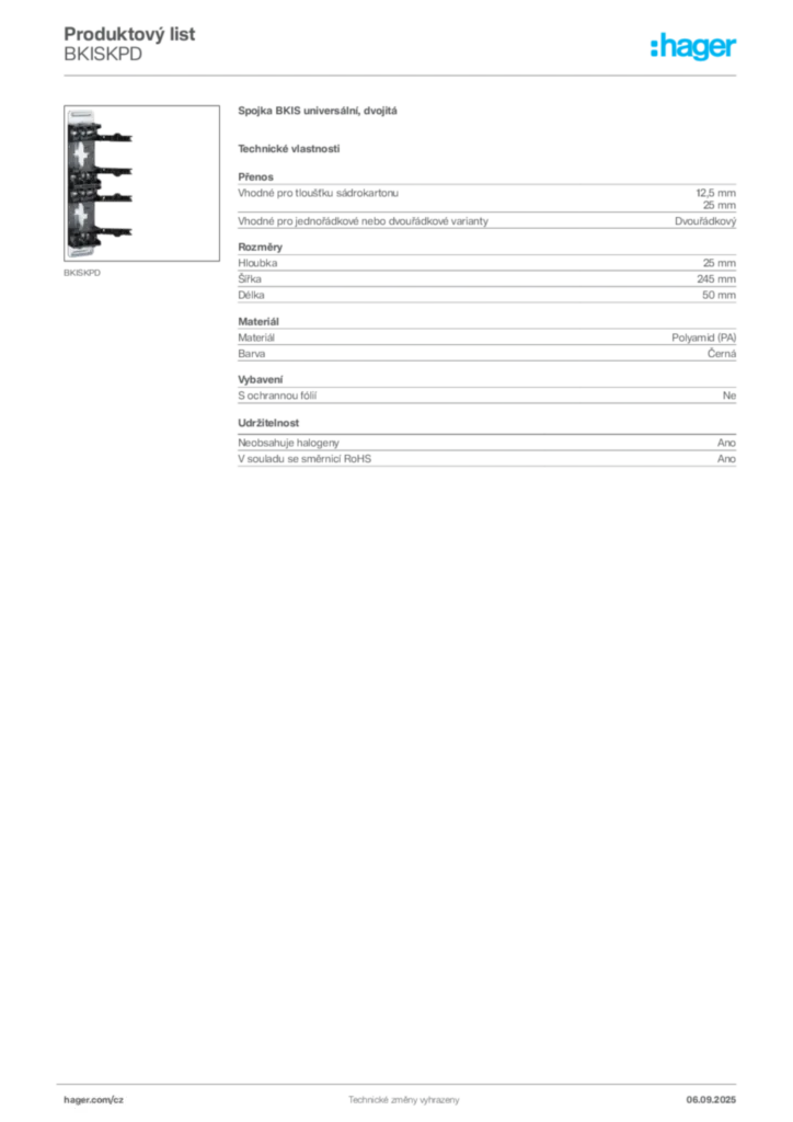 Obrázek Hager Produktový list BKISKPD | Hager