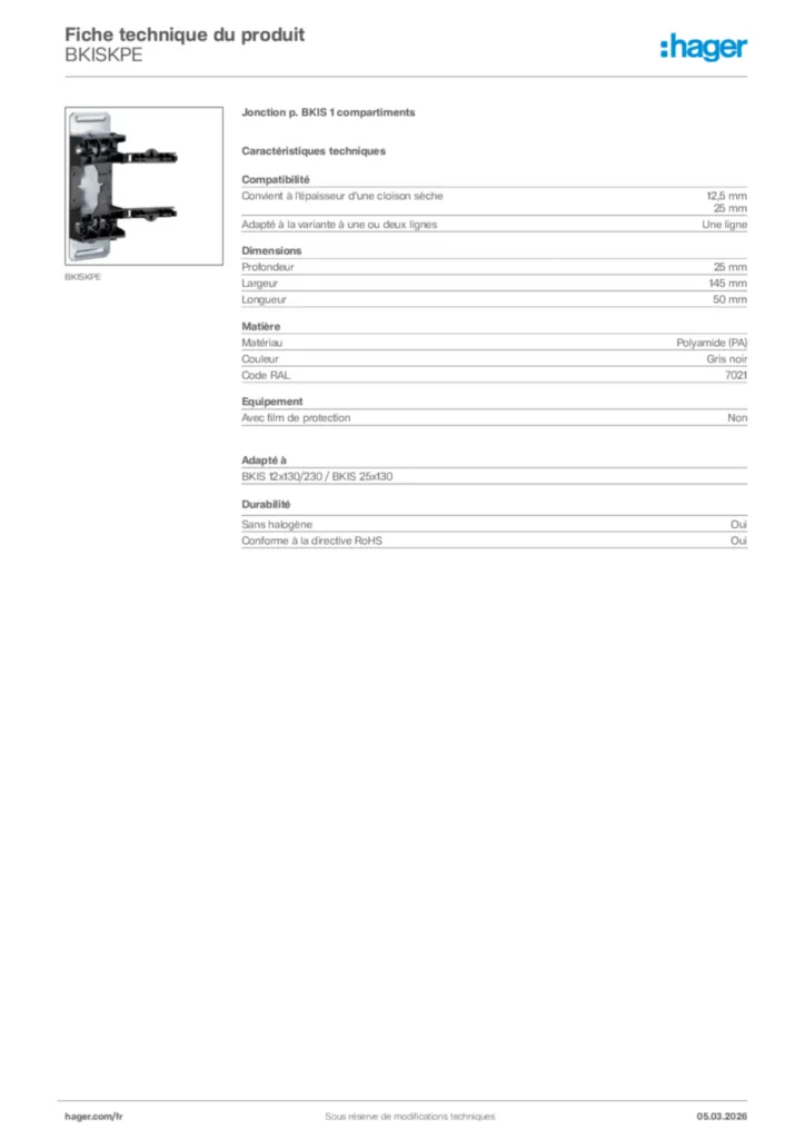 Image Hager Fiche technique du produit BKISKPE | Hager France