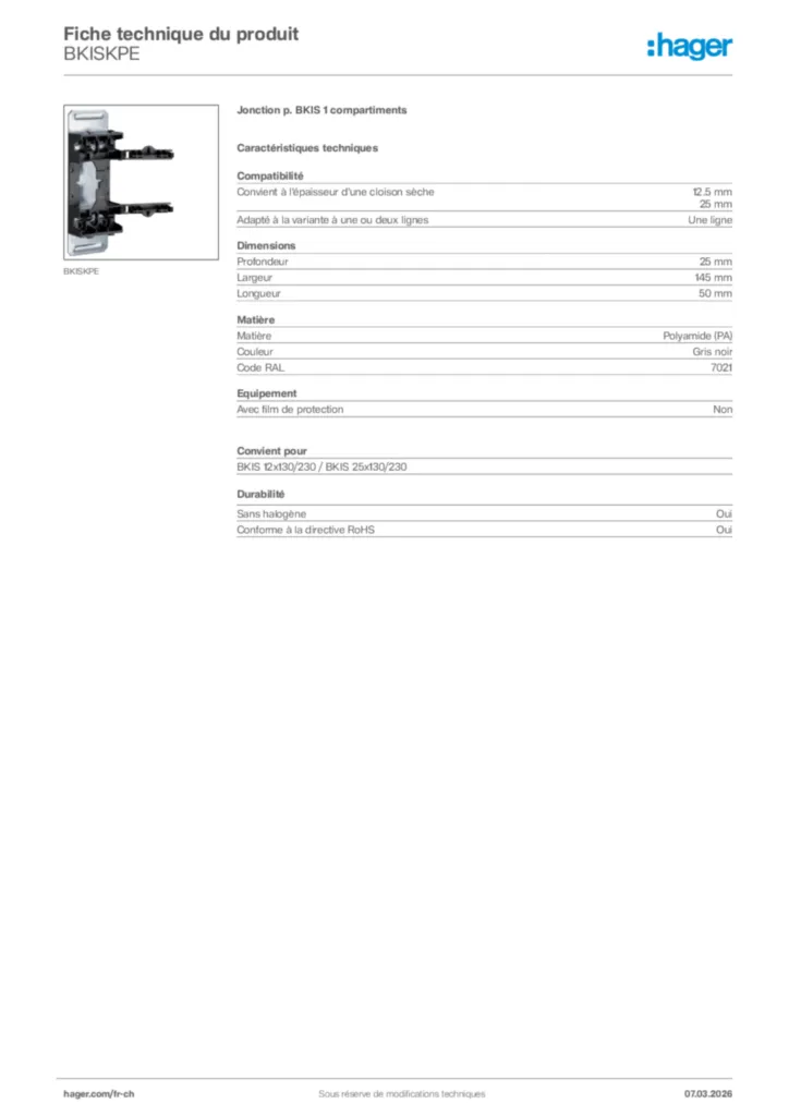 Image Hager Fiche technique du produit BKISKPE | Hager Suisse