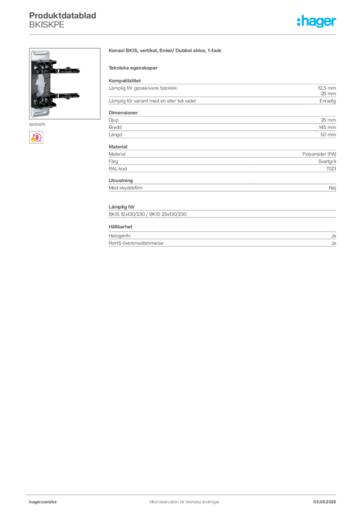 Bild Hager Produktdatablad BKISKPE | Hager Sverige