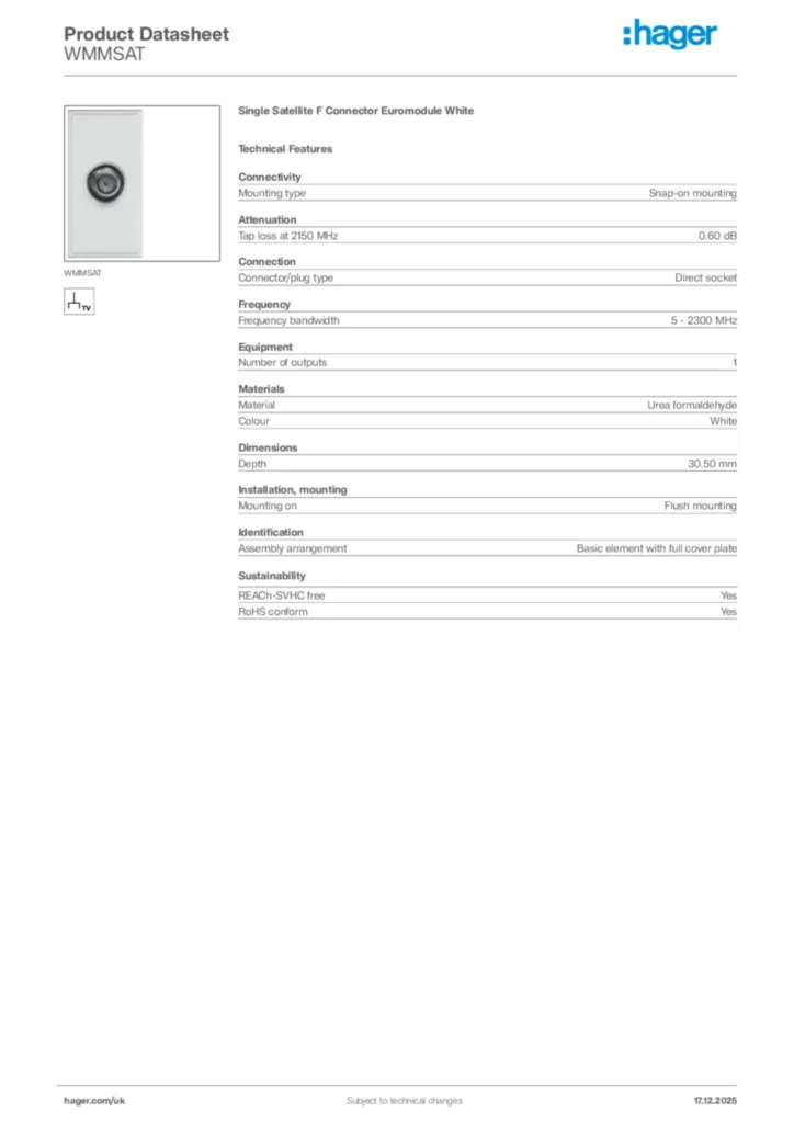 Image Hager Product data sheet WMMSAT  | Hager