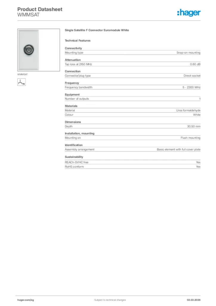 Image Hager Product data sheet WMMSAT  | Hager