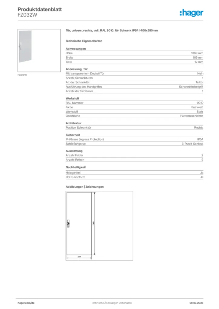 Bild Hager Produktdatenblatt FZ032W | Hager Deutschland