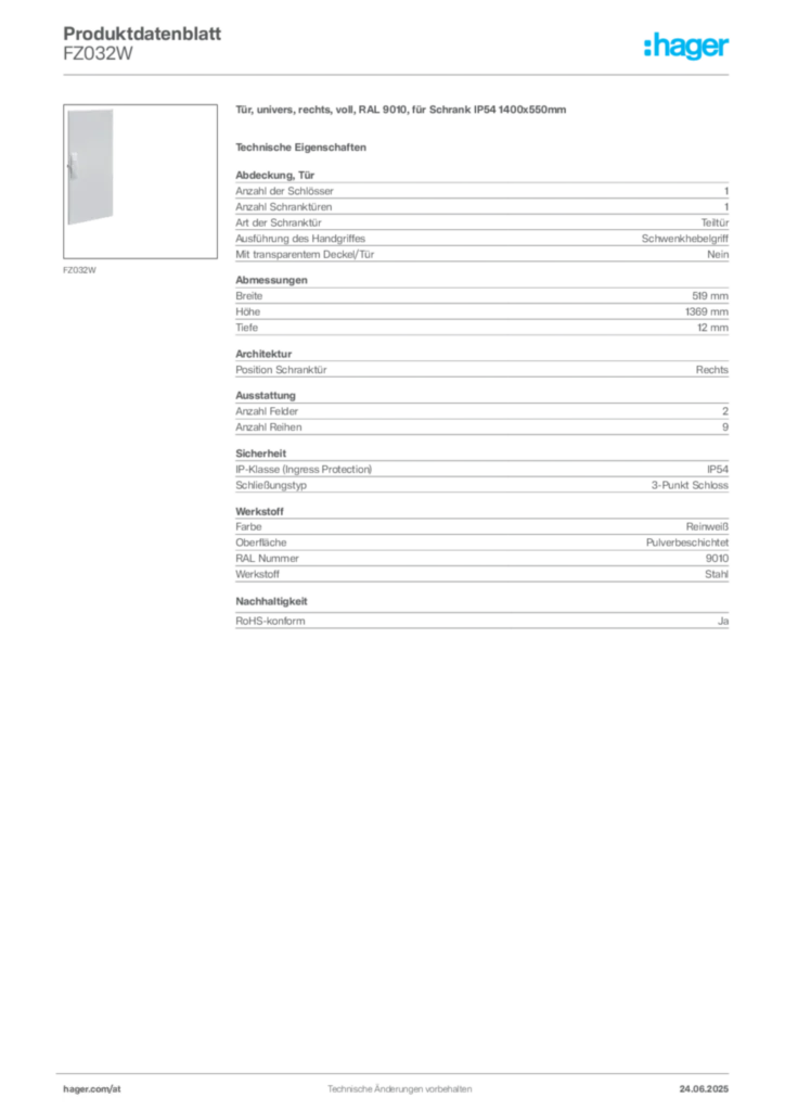 Bild Hager Produktdatenblatt FZ032W | Hager Deutschland
