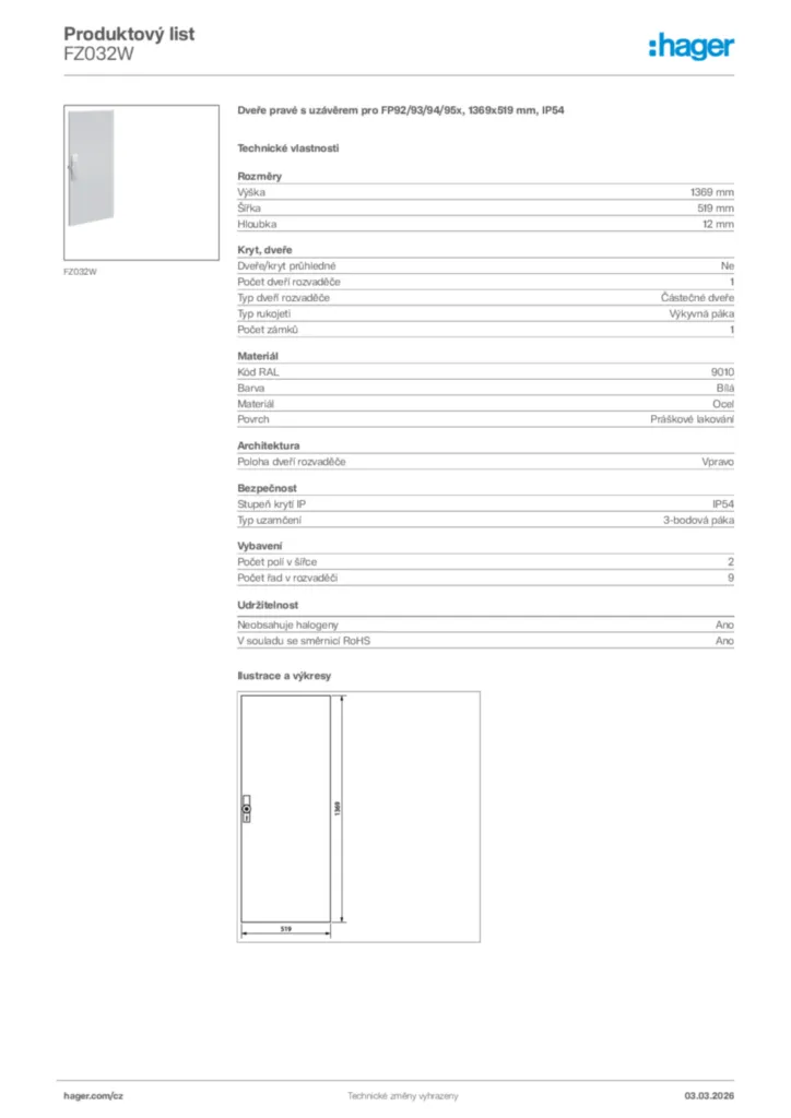 Obrázek Hager Product data sheet FZ032W | Hager