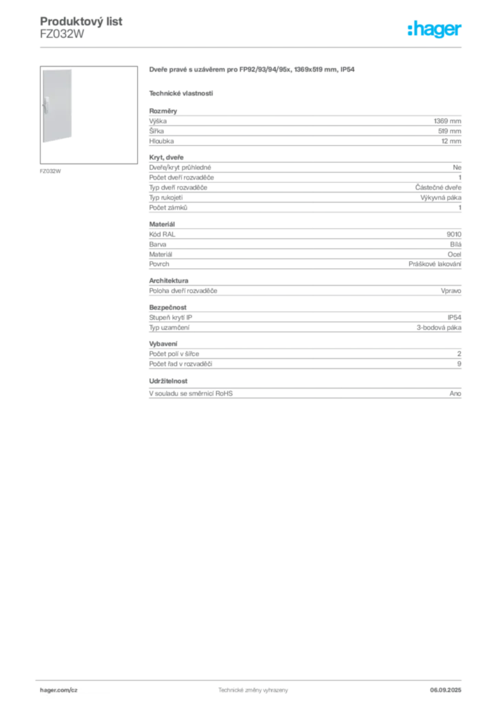 Obrázek Hager Produktový list FZ032W | Hager