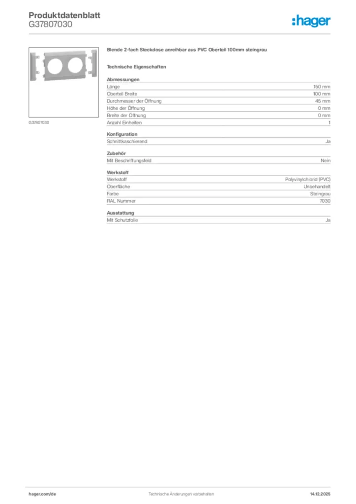 Bild Hager Produktdatenblatt G37807030 | Hager Deutschland