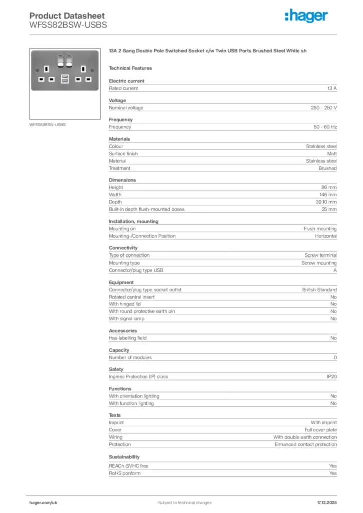 Image Hager Product data sheet WFSS82BSW-USBS  | Hager