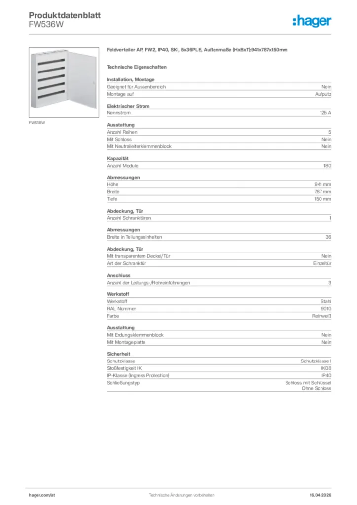 Bild Hager Produktdatenblatt FW536W | Hager Deutschland