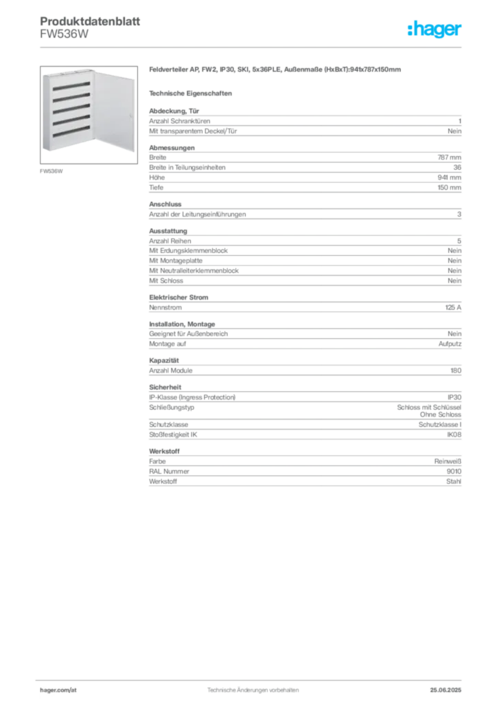Bild Hager Produktdatenblatt FW536W | Hager Deutschland