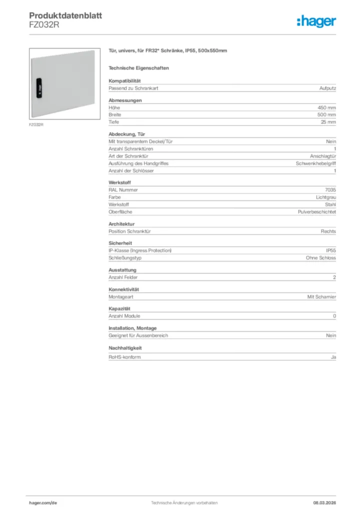 Bild Hager Produktdatenblatt FZ032R | Hager Deutschland