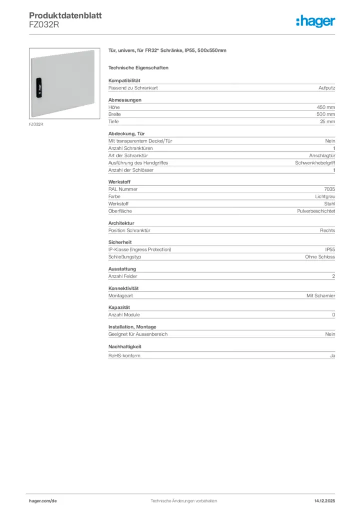 Bild Hager Produktdatenblatt FZ032R | Hager Deutschland