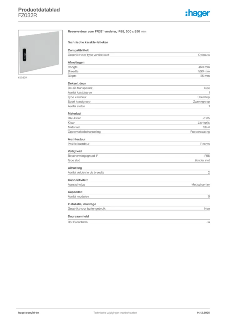 Afbeelding Hager Productdatablad FZ032R | Hager Belgium