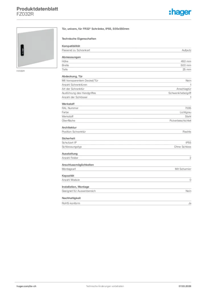 Bild Hager Produktdatenblatt FZ032R | Hager Schweiz