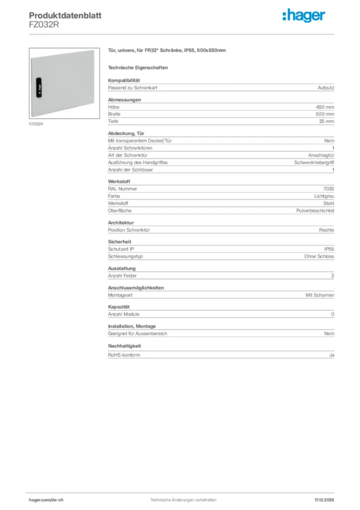 Bild Hager Produktdatenblatt FZ032R | Hager Schweiz