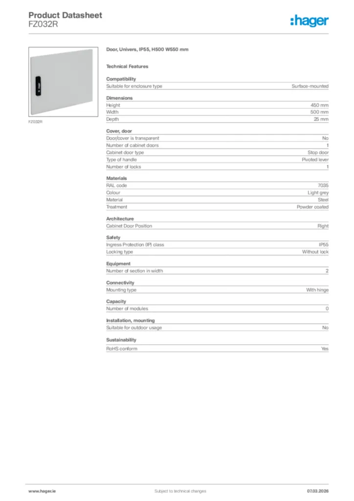Image Hager Product data sheet FZ032R  | Hager