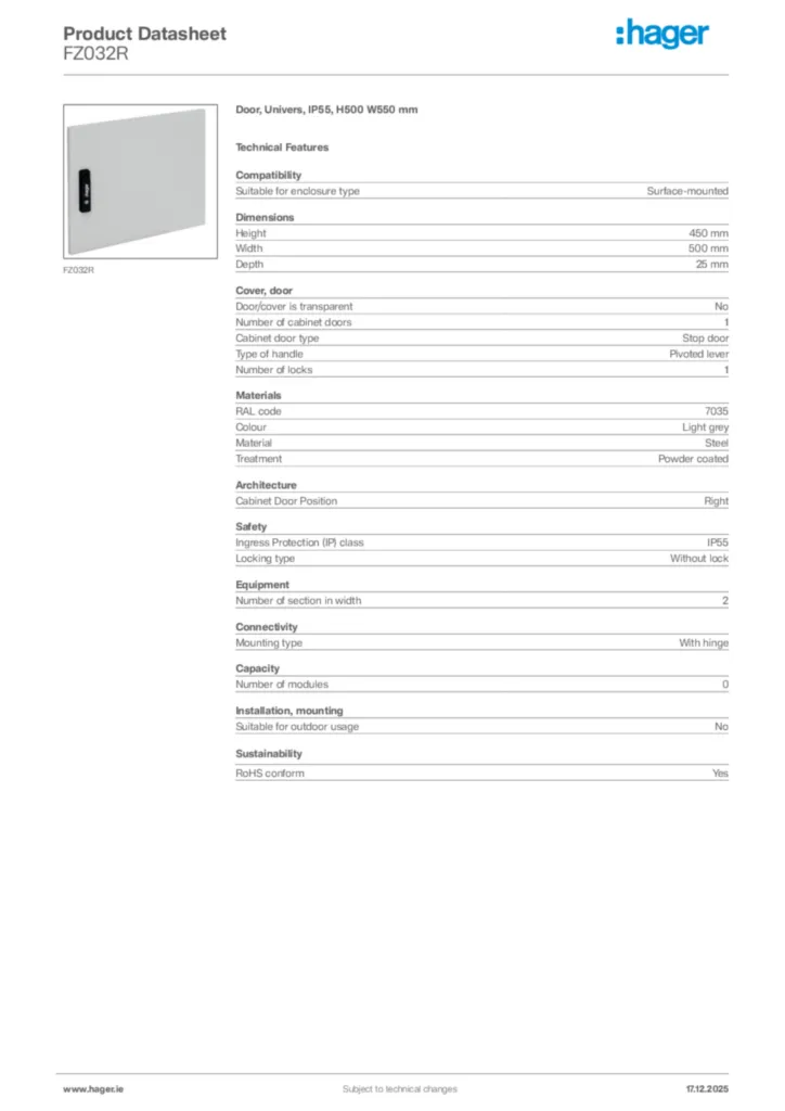 Image Hager Product data sheet FZ032R  | Hager