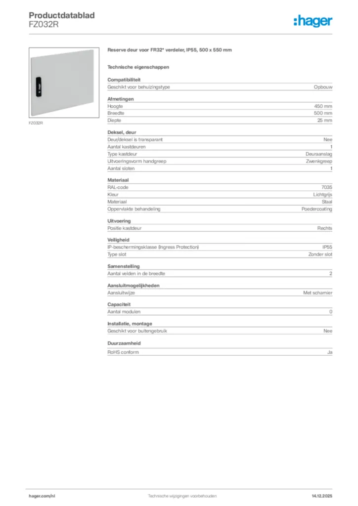 Afbeelding Hager Productdatablad FZ032R | Hager Nederland