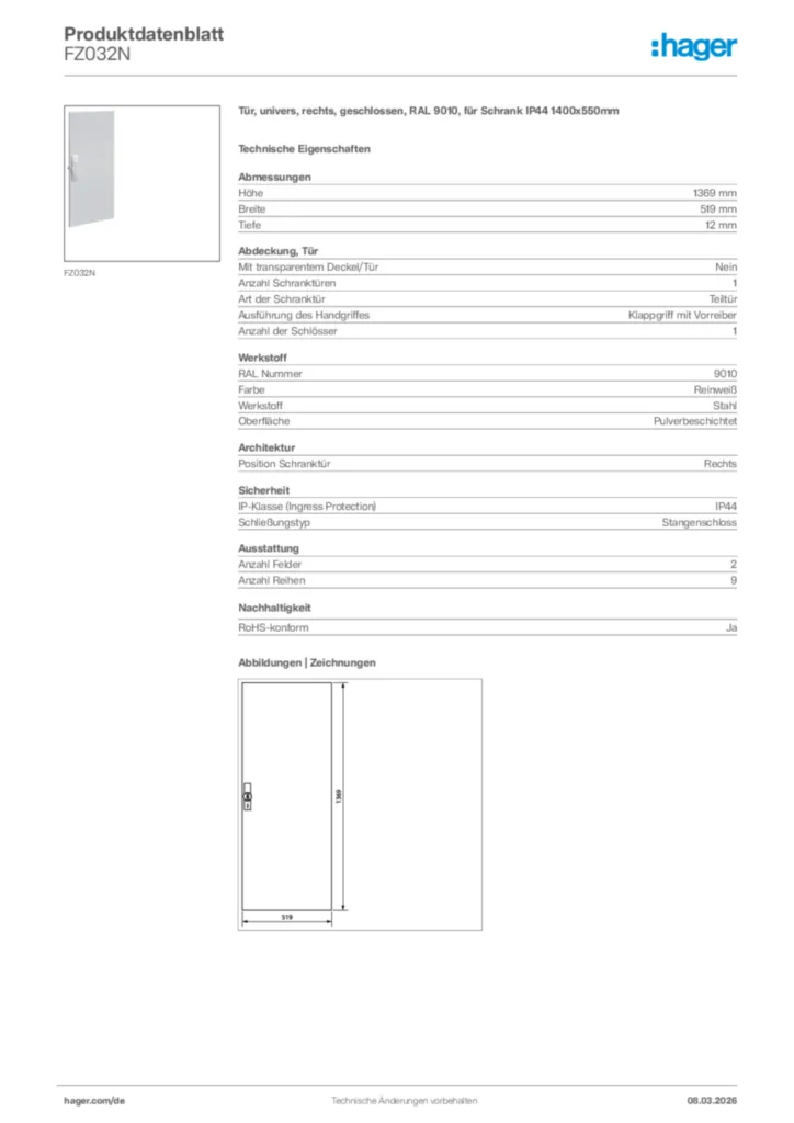 Bild Hager Produktdatenblatt FZ032N | Hager Deutschland