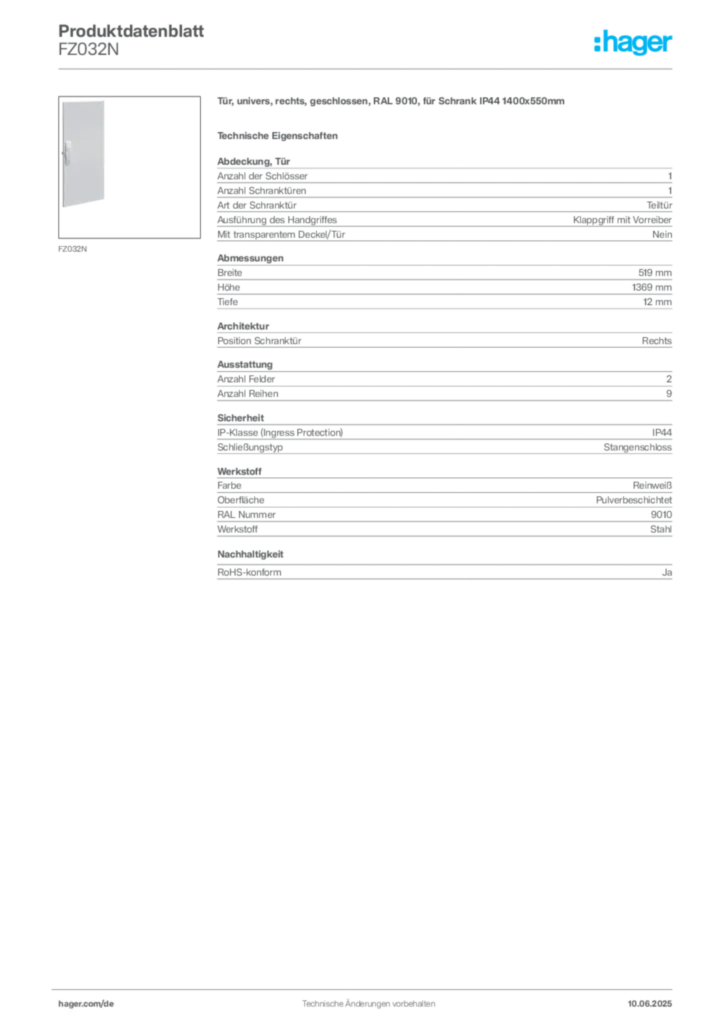 Bild Hager Produktdatenblatt FZ032N | Hager Deutschland