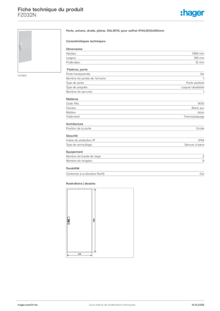 Image Hager Fiche technique du produit FZ032N | Hager Belgique