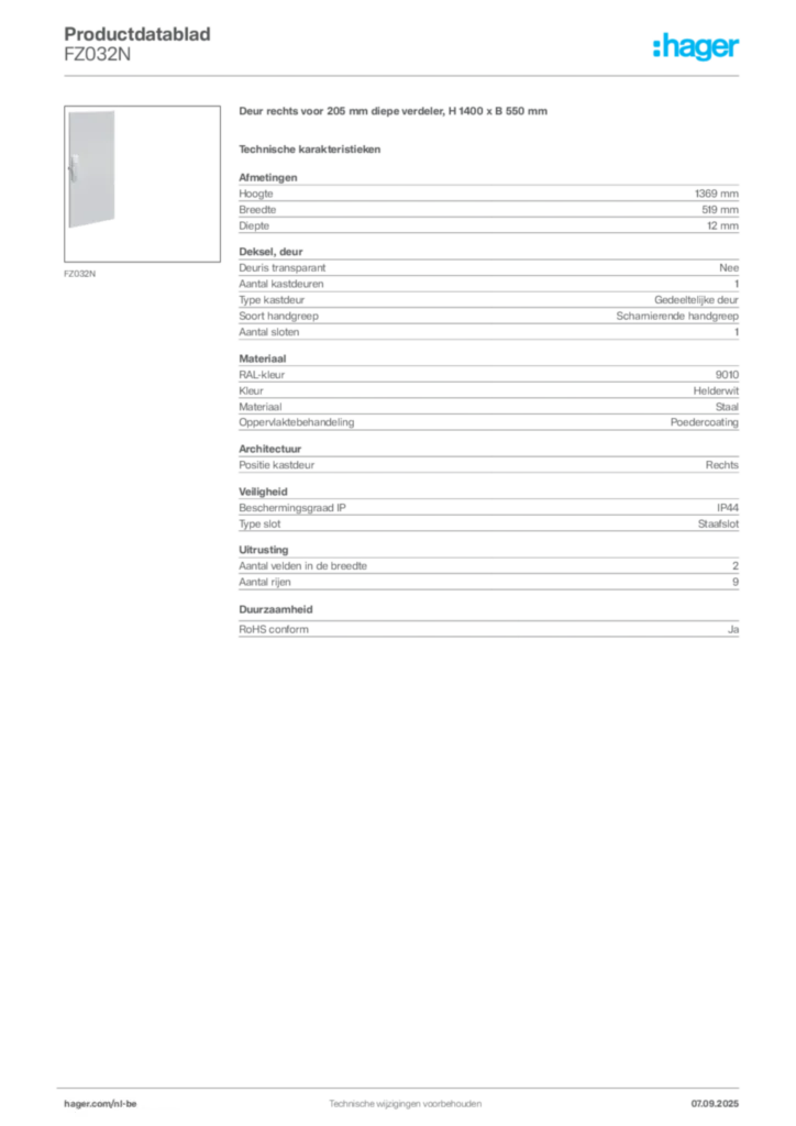 Afbeelding Hager Productdatablad FZ032N | Hager Belgium