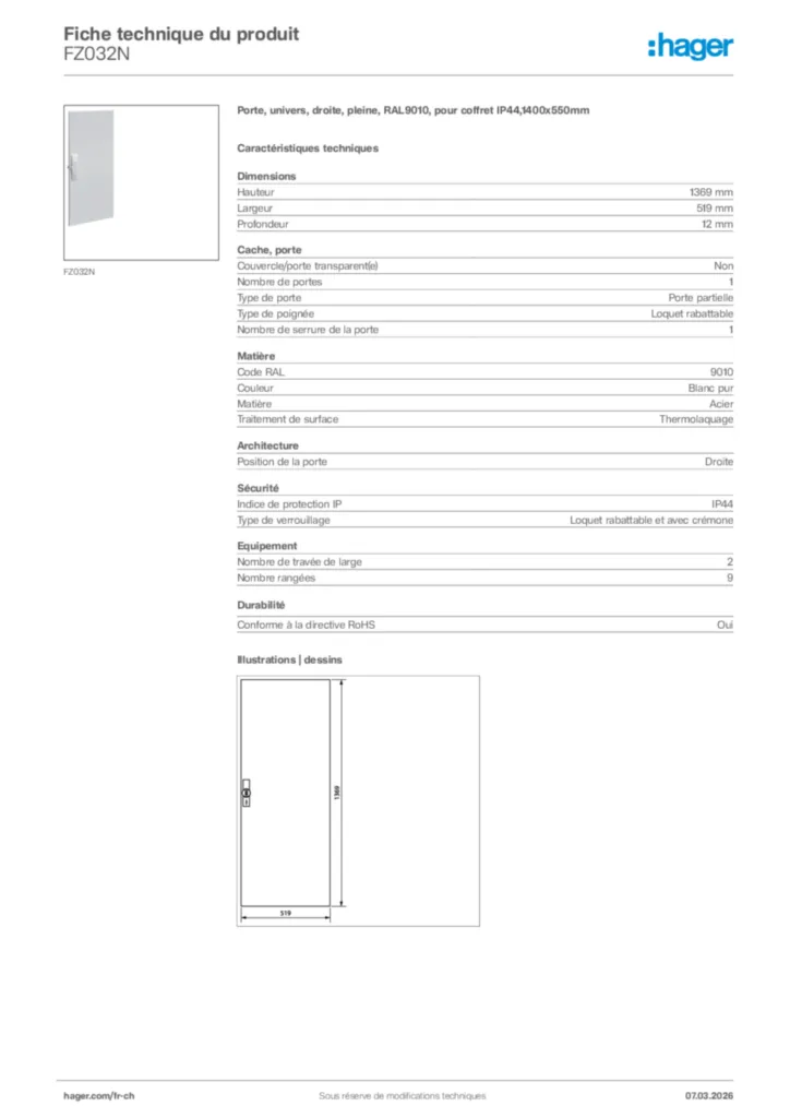 Image Hager Fiche technique du produit FZ032N | Hager Suisse