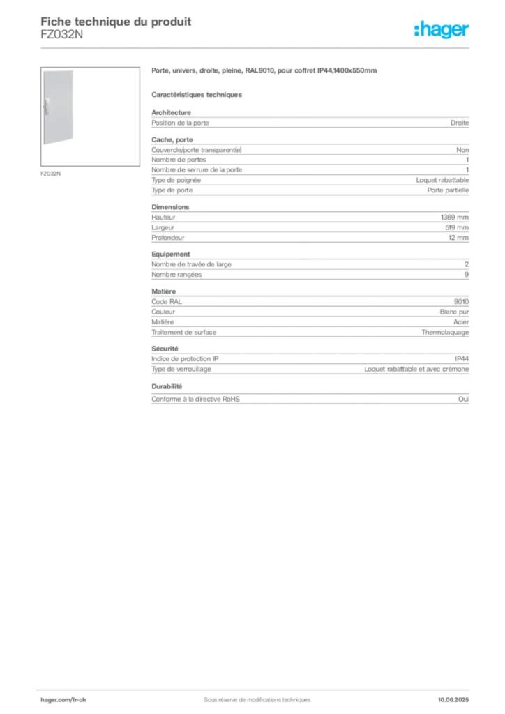 Image Hager Fiche technique du produit FZ032N | Hager Suisse