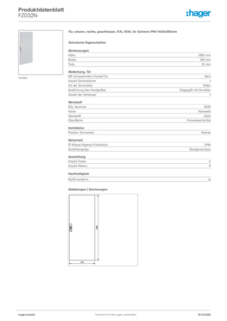 Bild Hager Produktdatenblatt FZ032N | Hager Deutschland