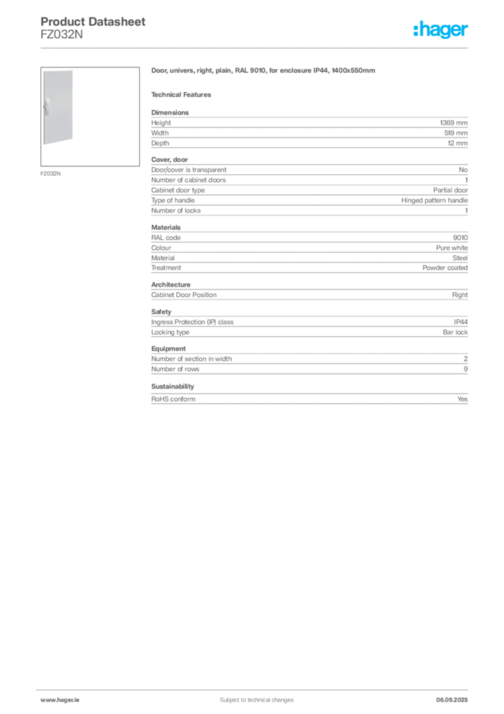 Image Hager Product data sheet FZ032N  | Hager