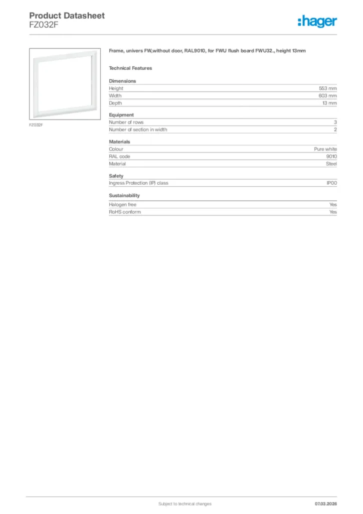 Image Hager Product data sheet FZ032F  | Hager Africa