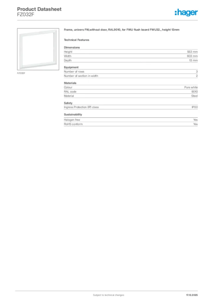 Image Hager Product data sheet FZ032F  | Hager Africa