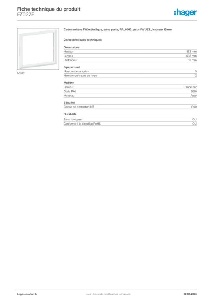 Image Hager Fiche technique du produit FZ032F | Hager Afrique
