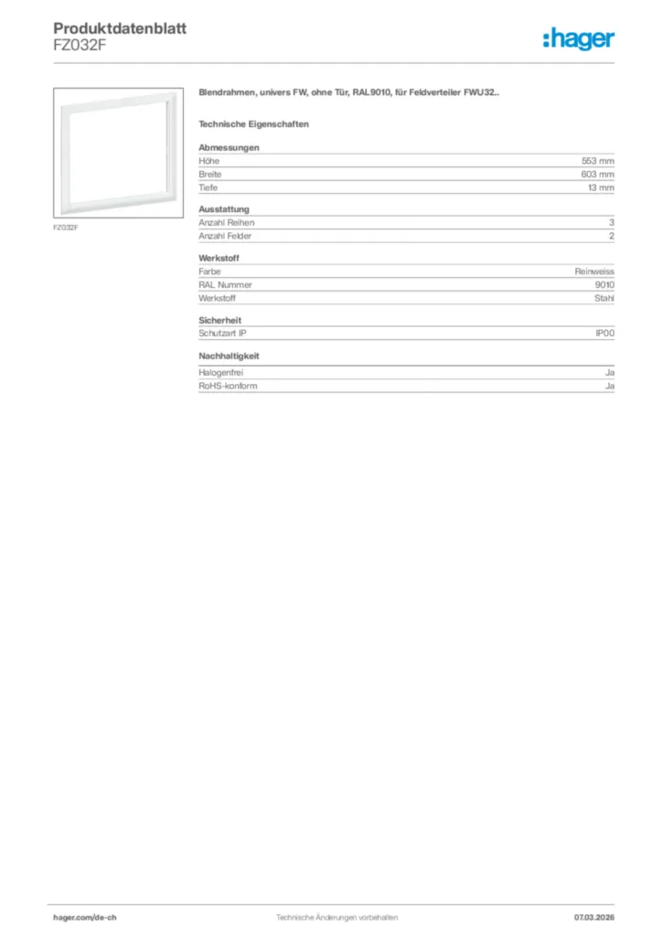 Bild Hager Produktdatenblatt FZ032F | Hager Schweiz