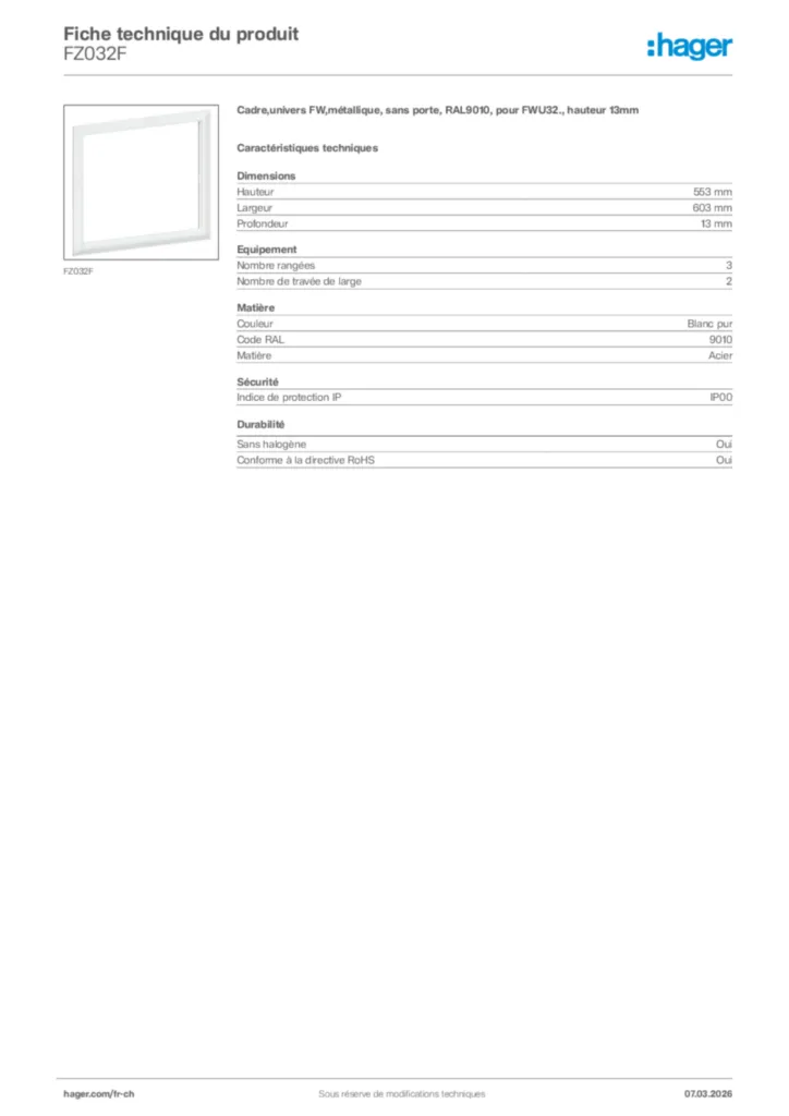 Image Hager Fiche technique du produit FZ032F | Hager Suisse
