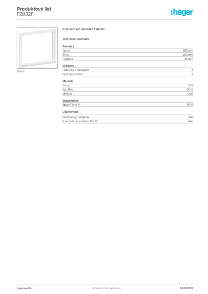 Obrázek Hager Produktový list FZ032F | Hager