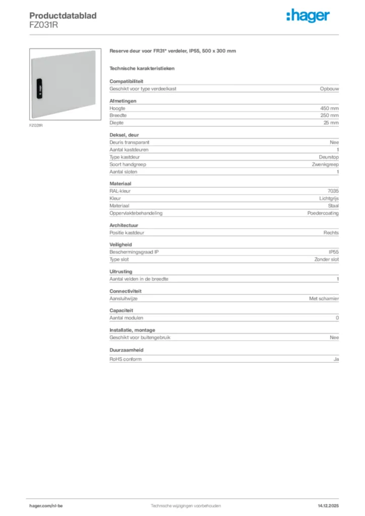 Afbeelding Hager Productdatablad FZ031R | Hager Belgium